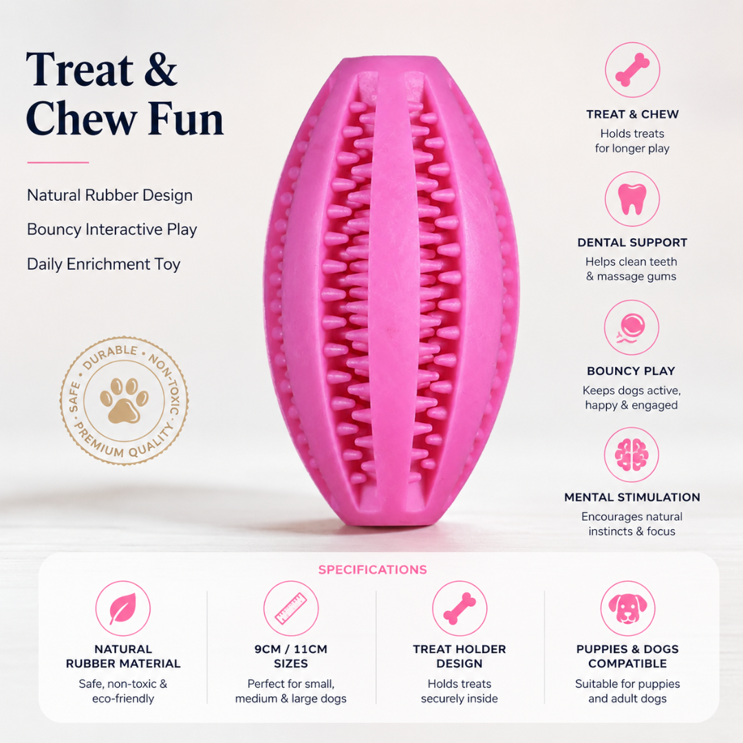 Interactive Natural Rubber Snack Ball Dog Chew Toy with Treat Holder and Bouncy Design - Pink