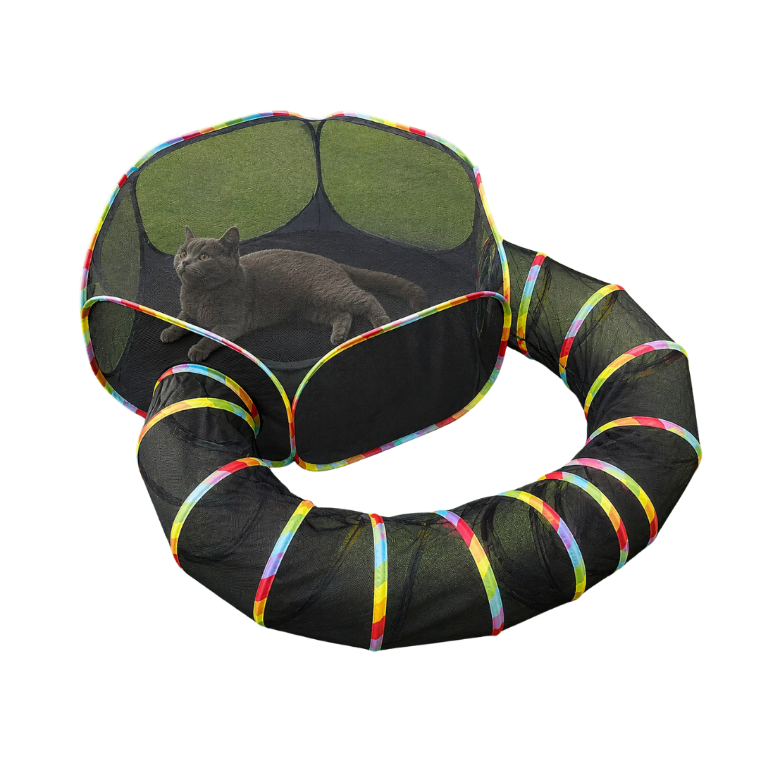 Foldable Cat Enclosure Play Tent with Mesh Tunnel for Outdoor and Indoor Use