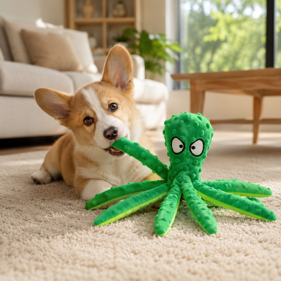 Interactive Octopus Squeaky Dog Toy with Crinkle Legs for Puppies and Small Dogs - Green