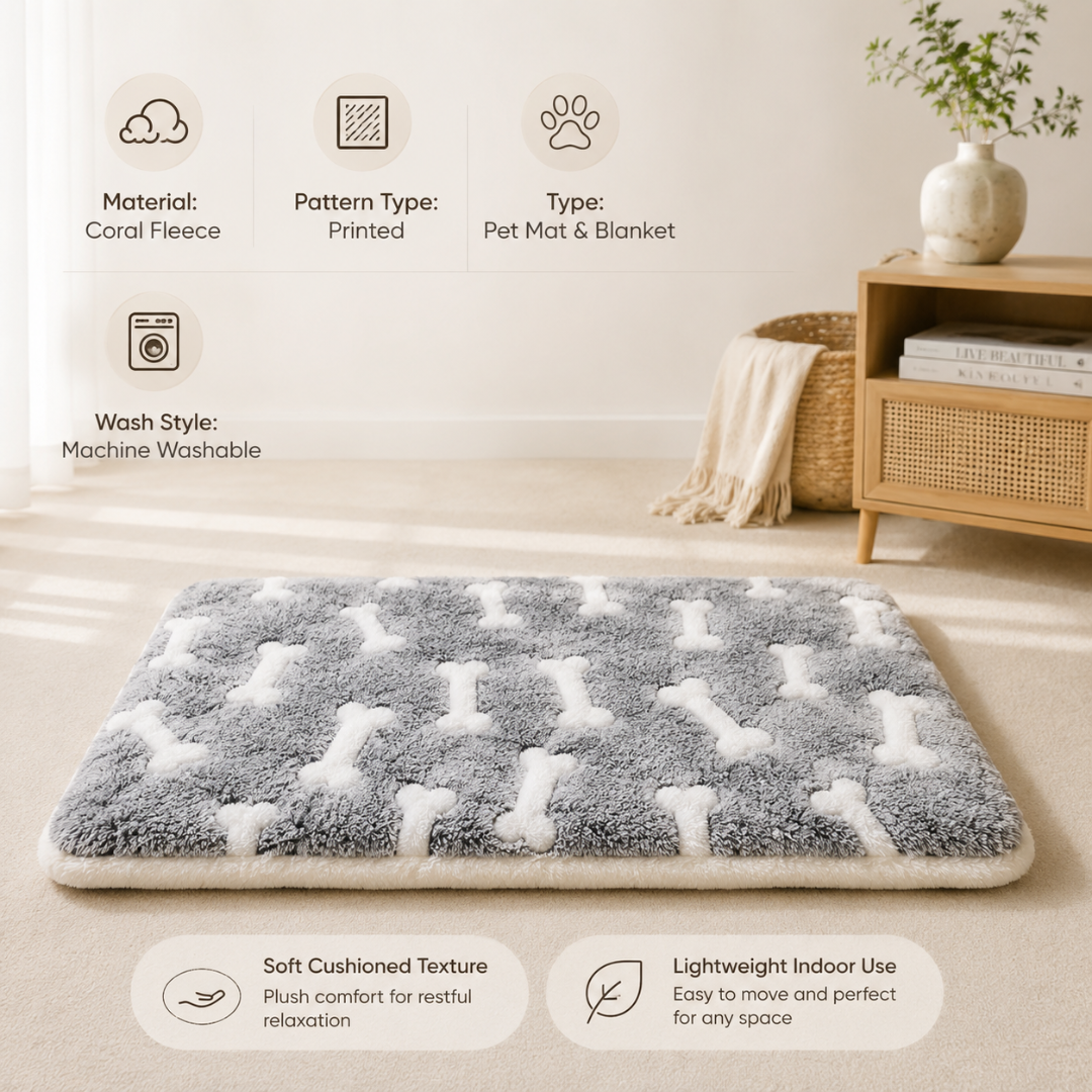 Washable Pet Blanket Mat Printed Coral Fleece Cushion for Dogs and Cats - Light Grey