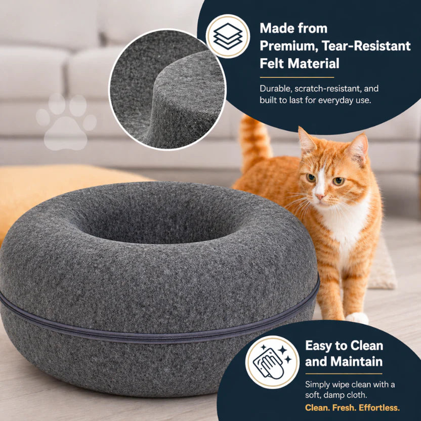 Round Felt Cat Tunnel Bed Donut Nest Cat House with Zipper Design for Cats - Dark Grey