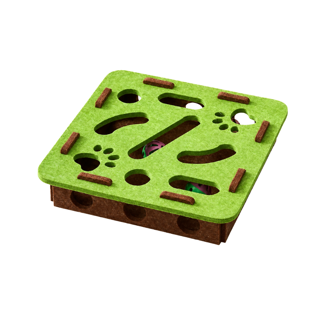 Interactive Felt Cat Puzzle Box Toy with Bell Ball and Maze Play Design - Square Green