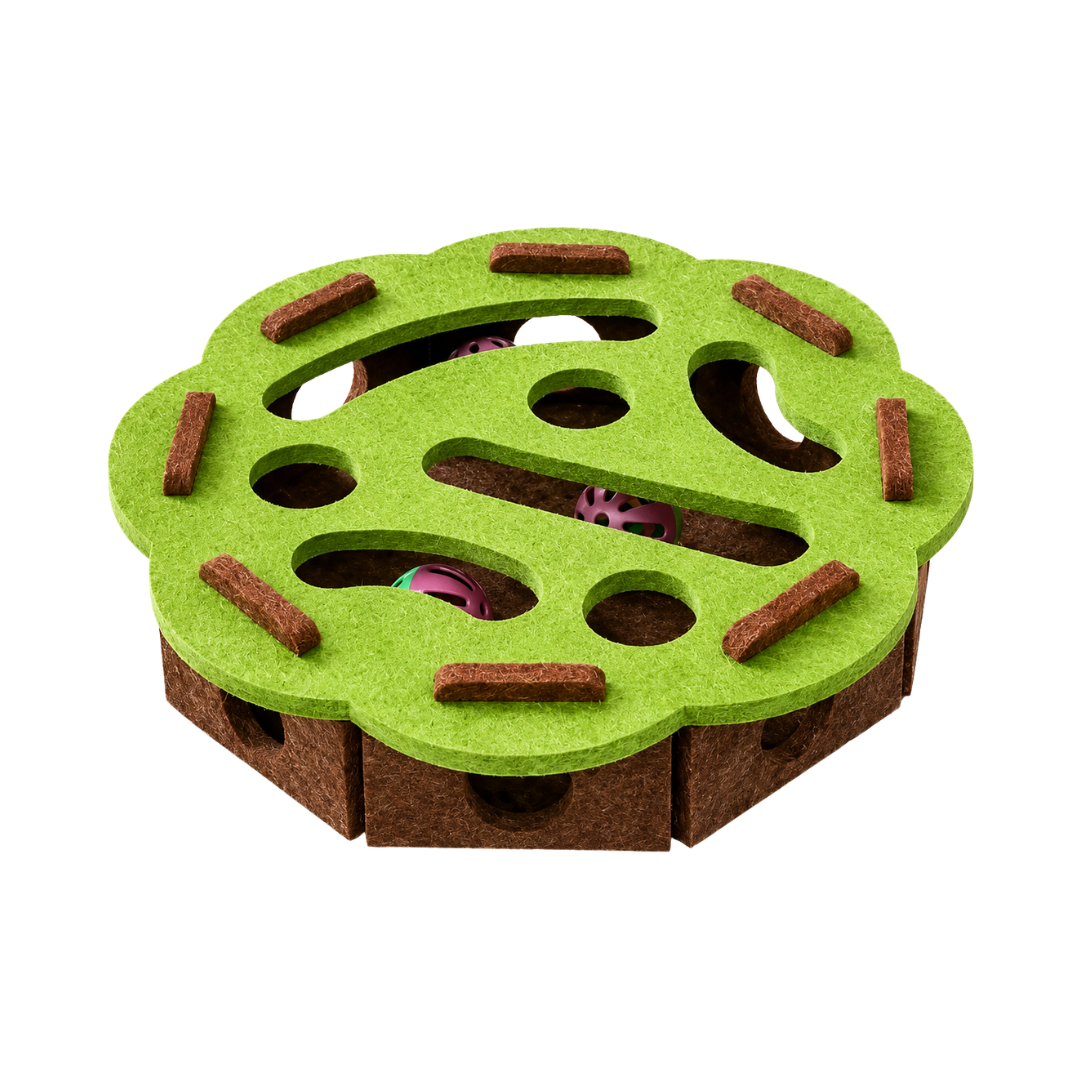 Interactive Felt Cat Puzzle Toy with Maze Holes - Round Green
