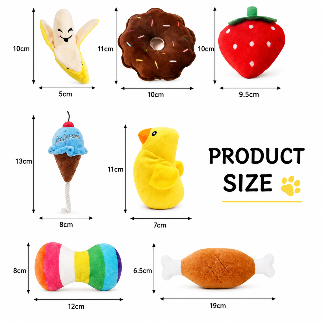 7-Piece Plush Puppy Toy Set with Squeaky Fruit and Vegetable Designs