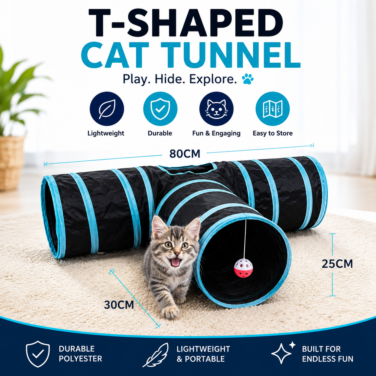 Pet Play Tunnel T Shape Foldable Cat Activity Tunnel for Cats Kittens and Small Pets