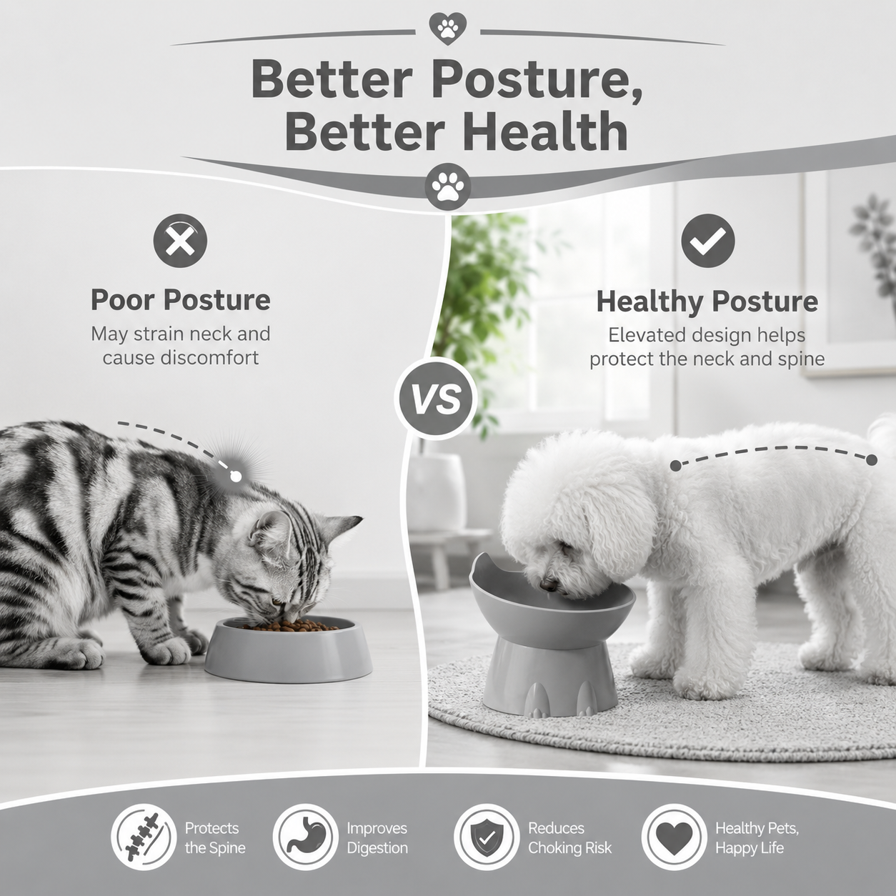 Raised Cat Feeding Bowl Tilted Pet Food and Water Dish Anti Tip Design - Grey