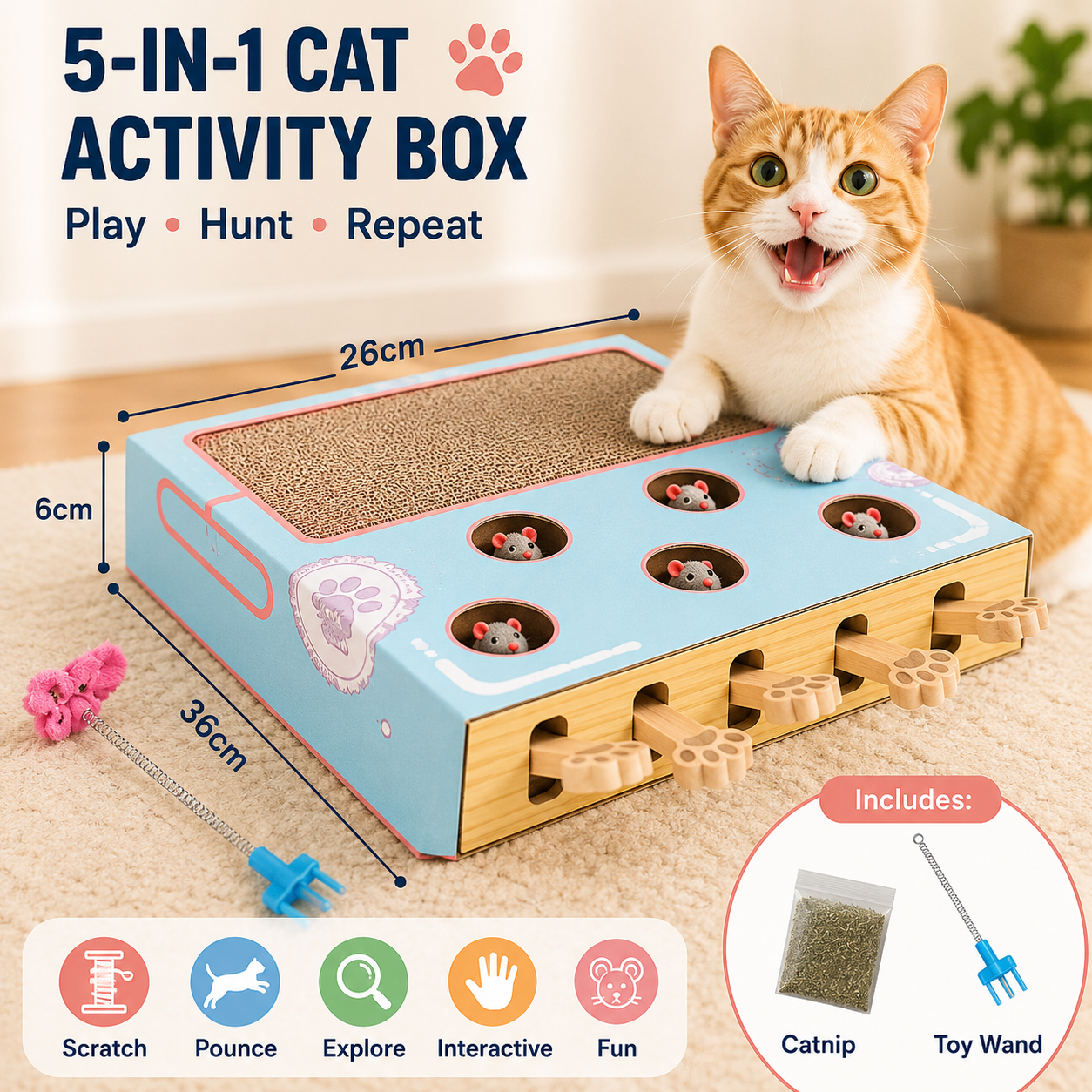 Blue Cat Maze Play Box Interactive Hunting Toy with Scratcher