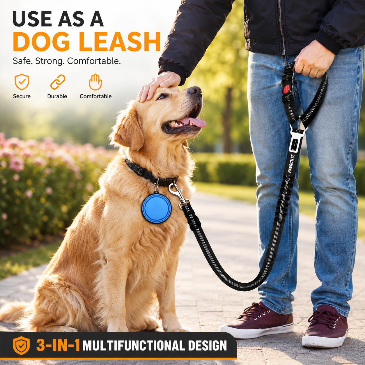 2 in 1 Pet Safety Leash Adjustable Elastic Travel Strap for Dogs and Cats - Black