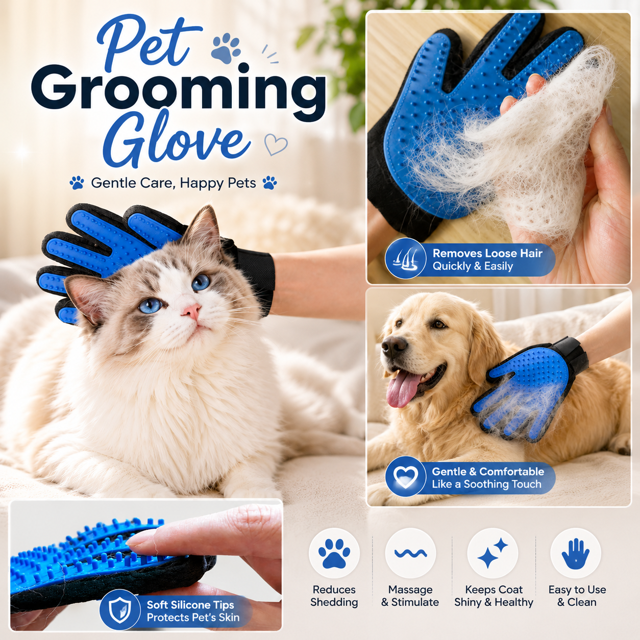 Pet Grooming Glove Hair Removal Brush for Cats Dogs and Small Animals
