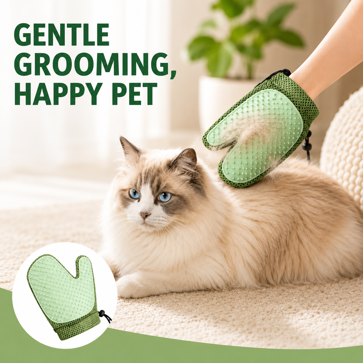 Pet Grooming Glove Double Sided Hair Remover and Massage Brush for Dogs and Cats - Green