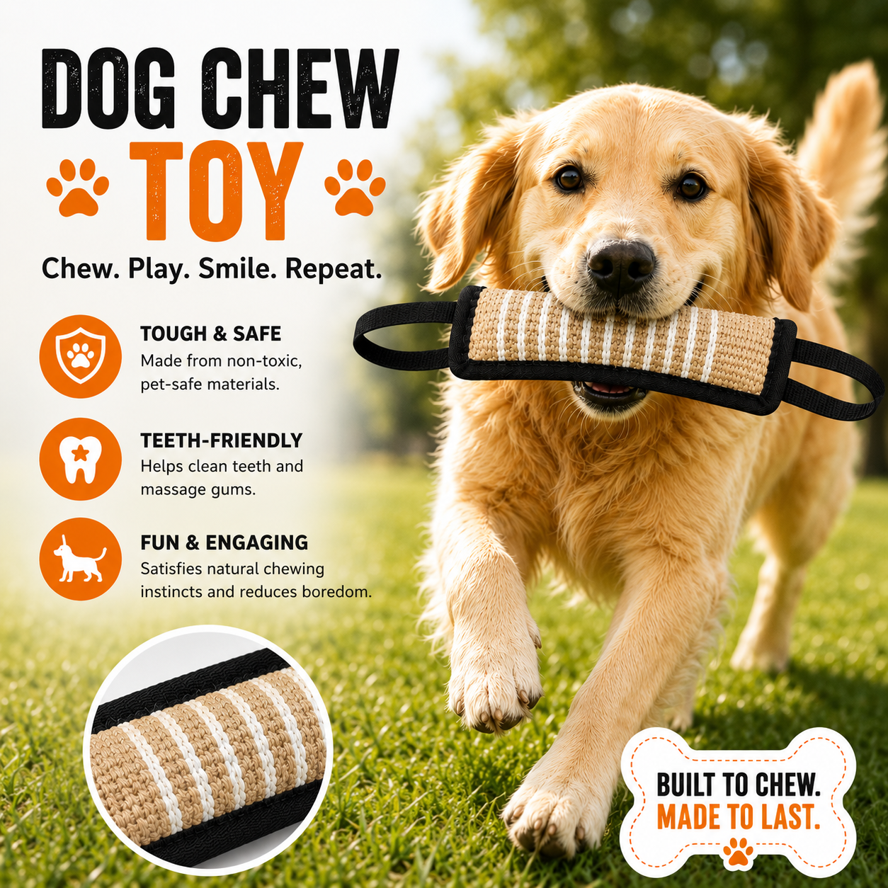 Dog Tug Toy with Dual Grip Handles Jute - Black