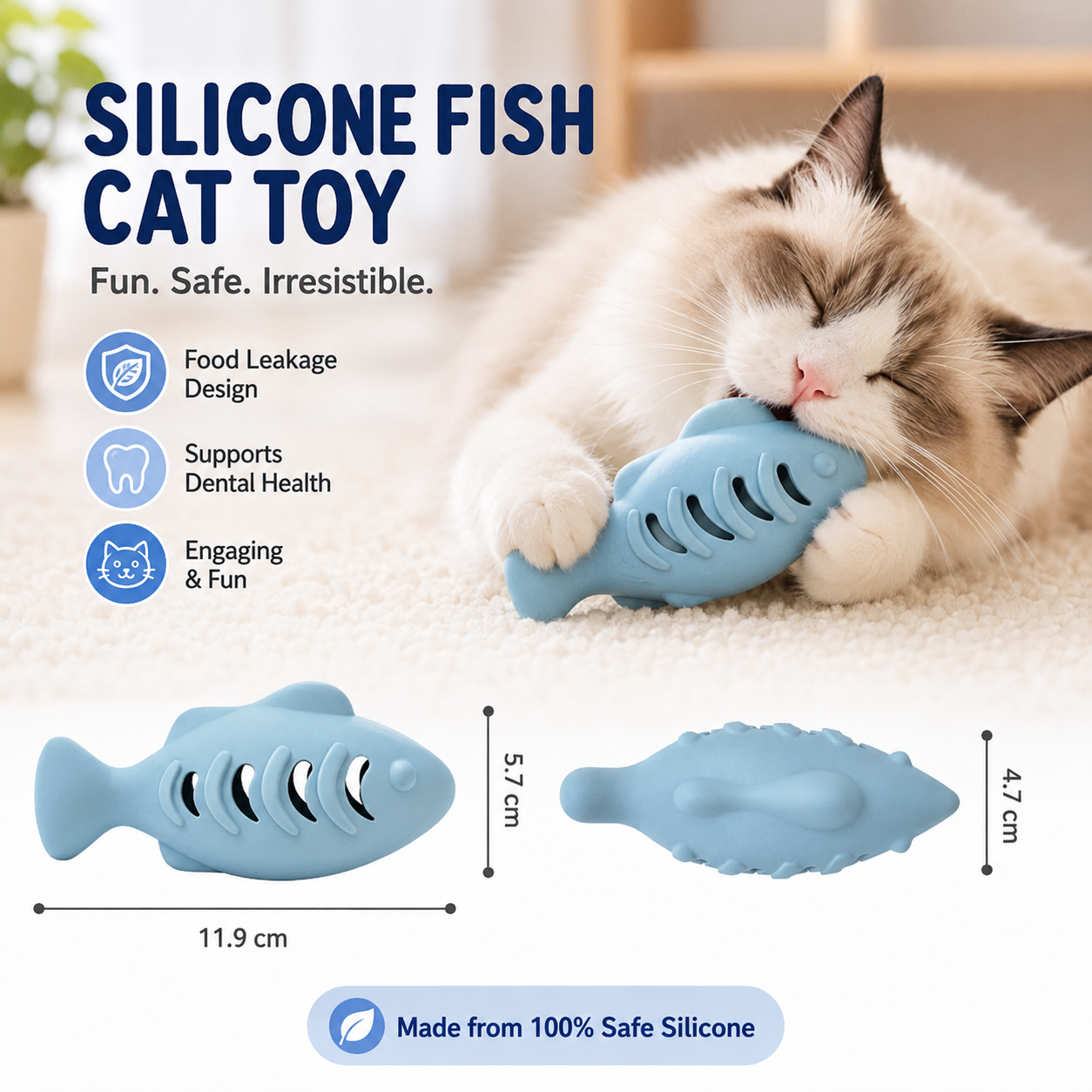 Blue Fish Treat Dispensing Silicone Interactive Food Toy for Cats