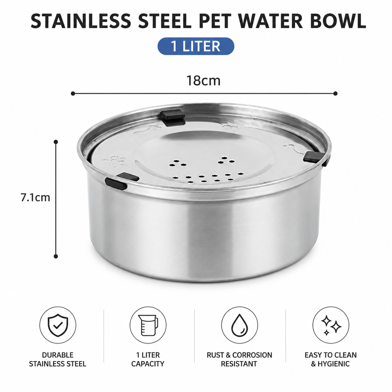 1L Stainless Steel Pet Water Bowl Anti Splash Floating Dish for Dogs and Cats