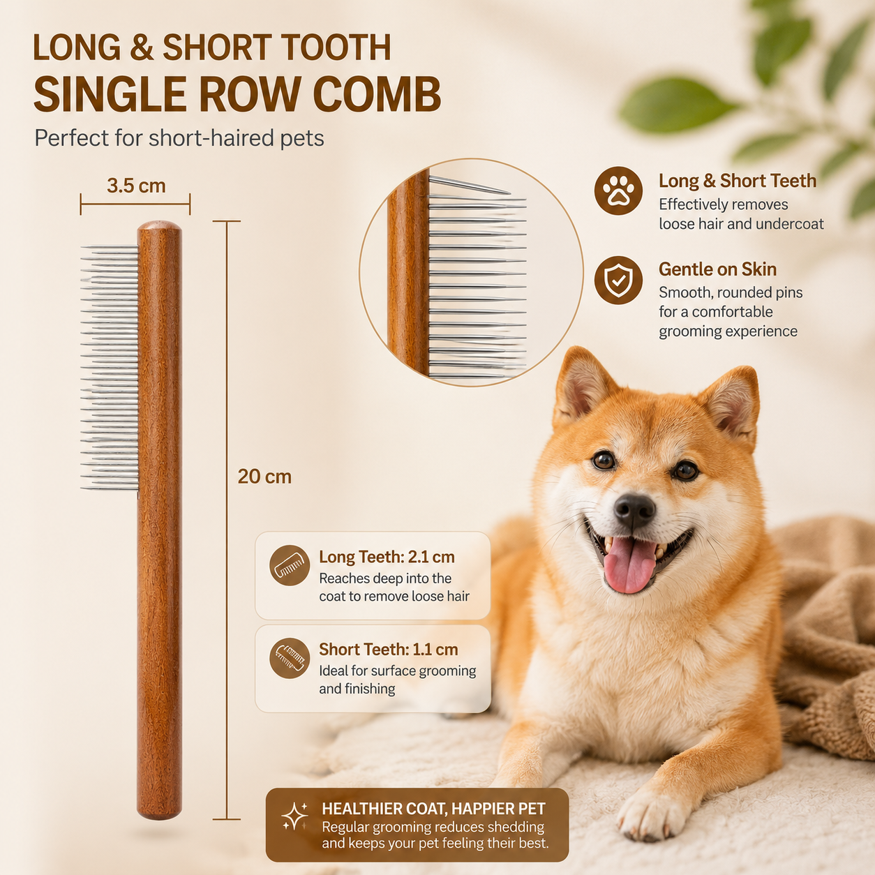 Pet Grooming Comb Wooden Handle Stainless Steel Long Teeth Brush for Cats and Dogs - 20 cm x 3.5 cm