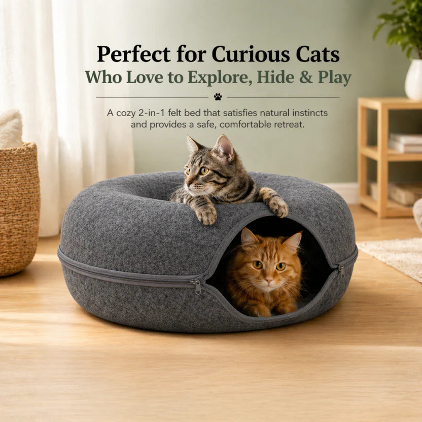 Round Felt Cat Tunnel Bed Donut Nest Cat House with Zipper Design for Cats - Dark Grey