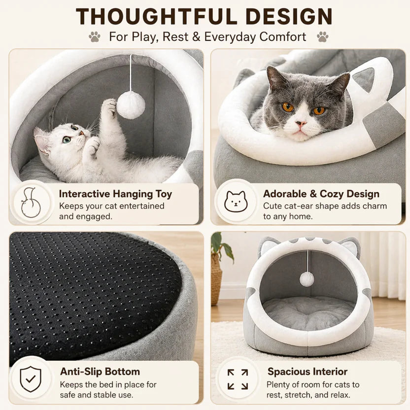 Enclosed Pet House Cat Bed Cushion Nest for Cats and Small Dogs Indoor - Grey