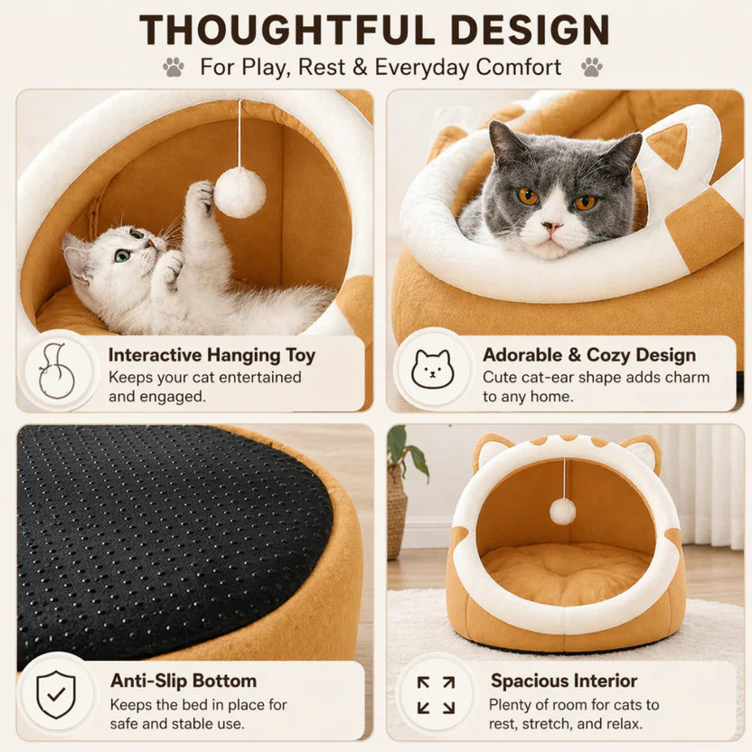 Cotton Cat Bed Enclosed Pet House Soft Cushion Nest for Cats and Small Dogs - Yellow