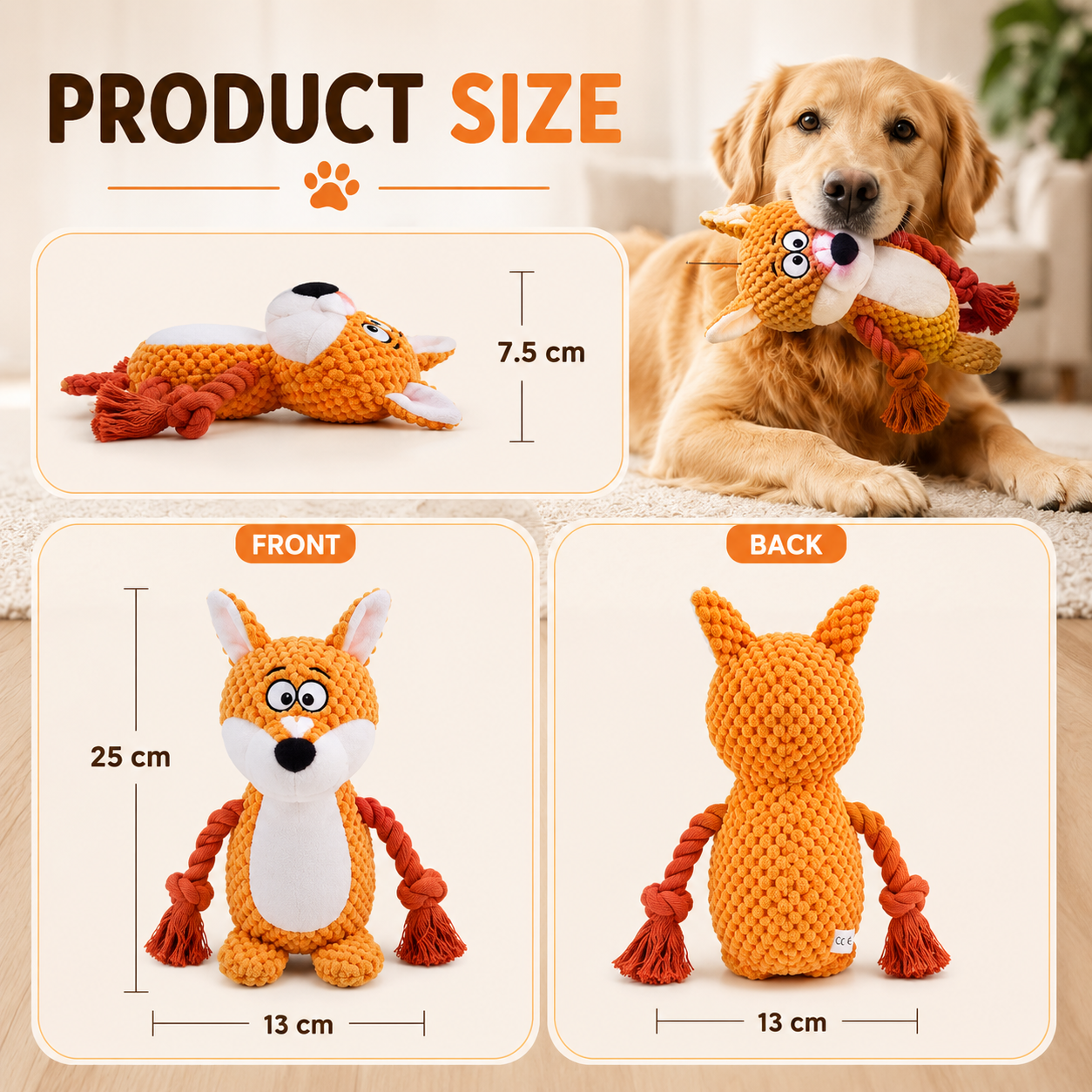 Orange Fox Dog Toy Plush Squeaker Interactive for Small and Medium Dogs