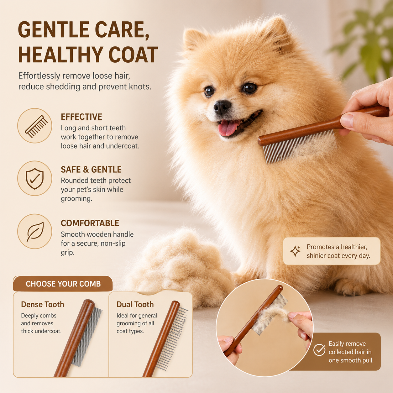 Cat Comb Cat Accessories Stainless Steel Pet Hair Remover Wooden Handle Solid Cat Hair Comb Pet Grooming Dog Brush Cleaning Tool - 20 cm x 4
