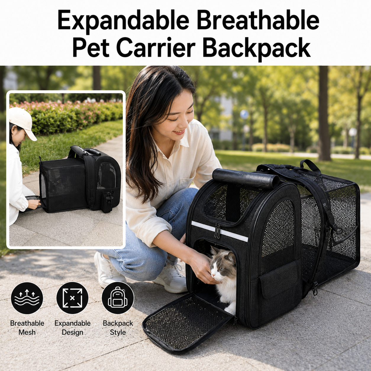 Breathable Pet Carrier Backpack with Expandable Design and Shade Cover for Travel - Black