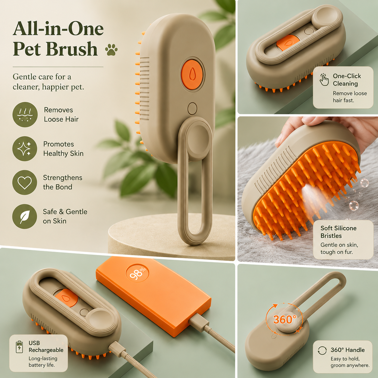 3-in-1 Rechargeable Pet Grooming Brush with Spray Function Hair Removal Comb for Cats and Dogs