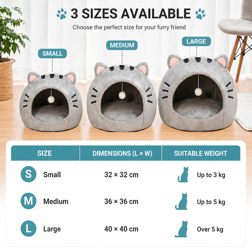 Enclosed Cotton Cat Cave Bed Pet House Cushion for Indoor Cats and Small Dogs