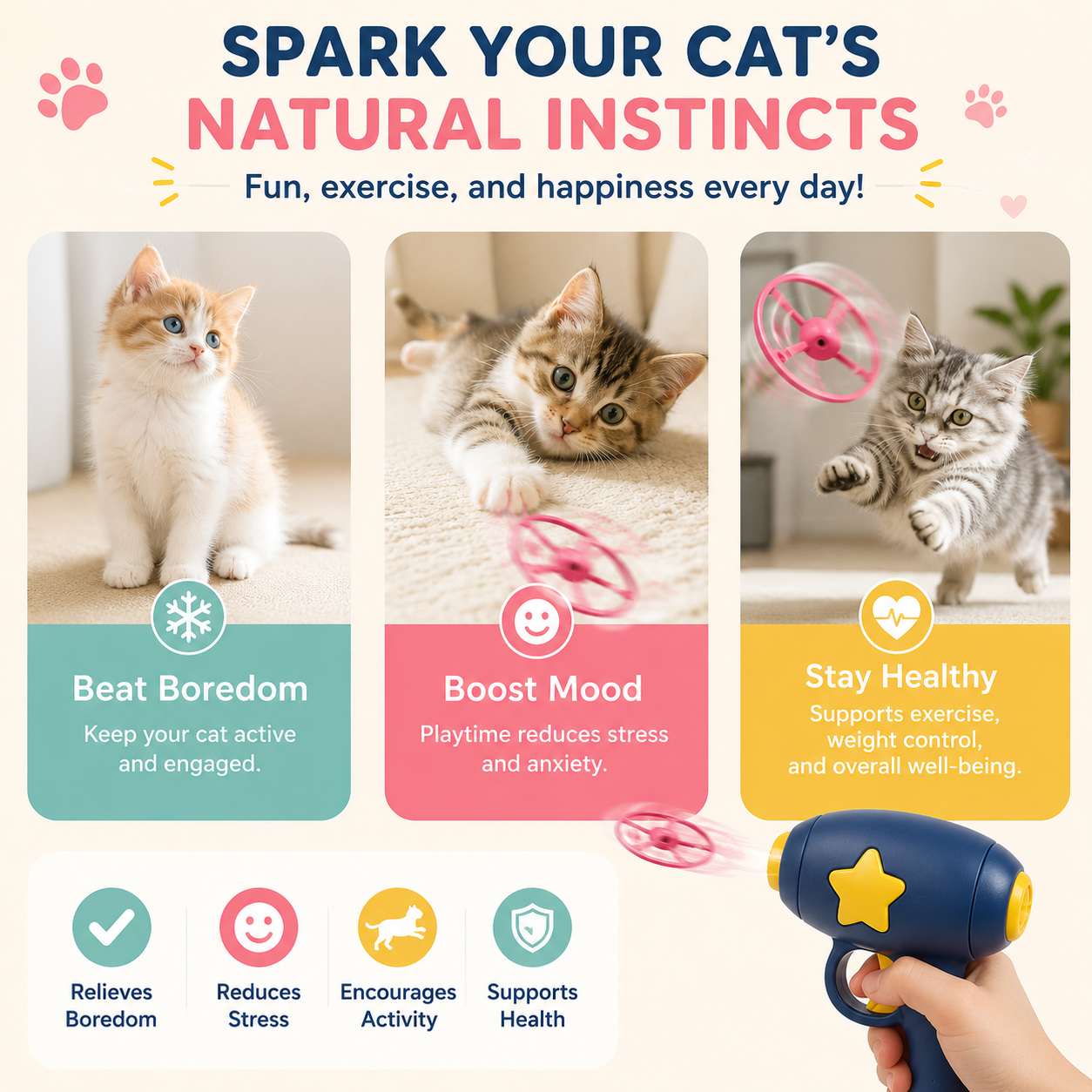 Interactive Flying Disc Cat Toy Launcher with 5 Mini Flying Discs Pet Chasing Game for Cats - Dark Blue