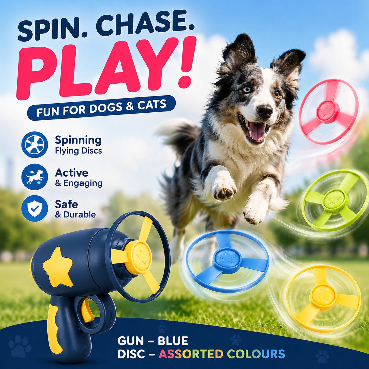 Interactive Flying Disc Cat Toy Launcher with 5 Mini Flying Discs Pet Chasing Game for Cats - Dark Blue