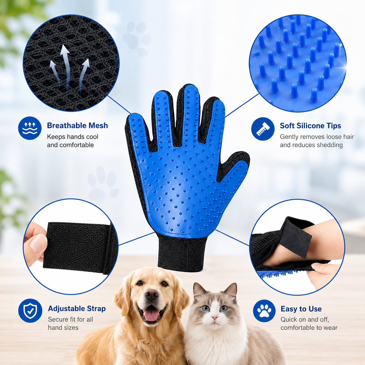 Pet Grooming Glove Hair Removal Brush for Cats Dogs and Small Animals