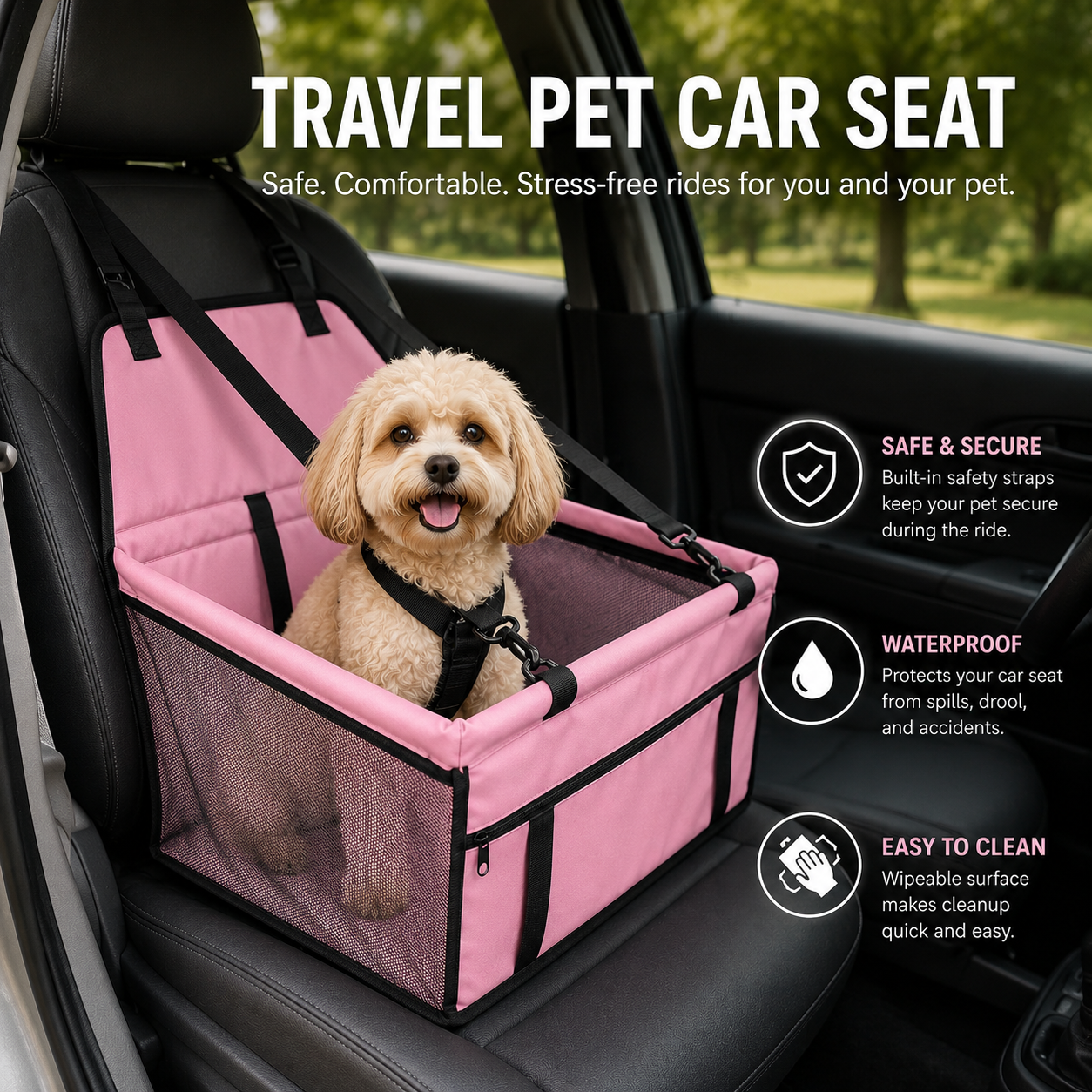 Foldable Travel Pet Car Seat for Dogs and Cats - Pink