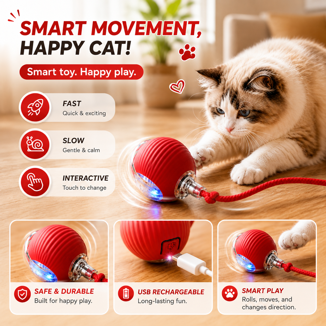 Interactive Automatic Cat Ball Toy with Teaser Stick - Red