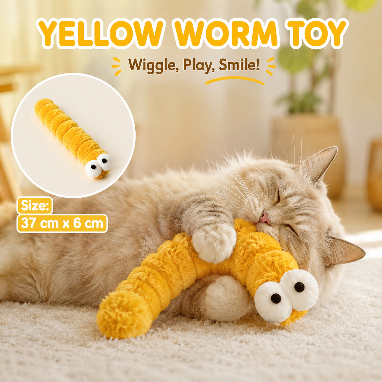 Plush Caterpillar Cat Toy Soft Interactive for Indoor Cats - Yellow
