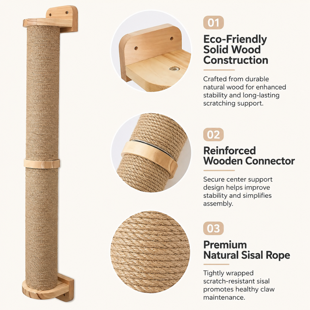 Wall Mounted Cat Scratching Post Wooden Climbing Furniture for Large and Small Cats 73CM