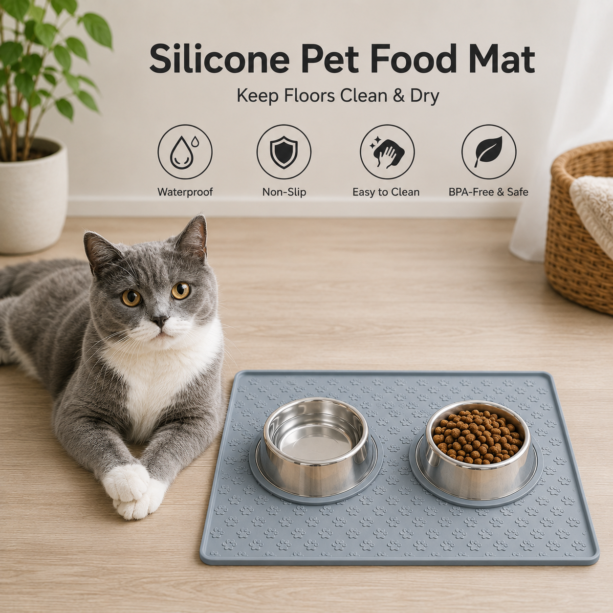 Large Waterproof Silicone Pet Food Mat 60x40cm Cat and Dog Feeding Floor Protector