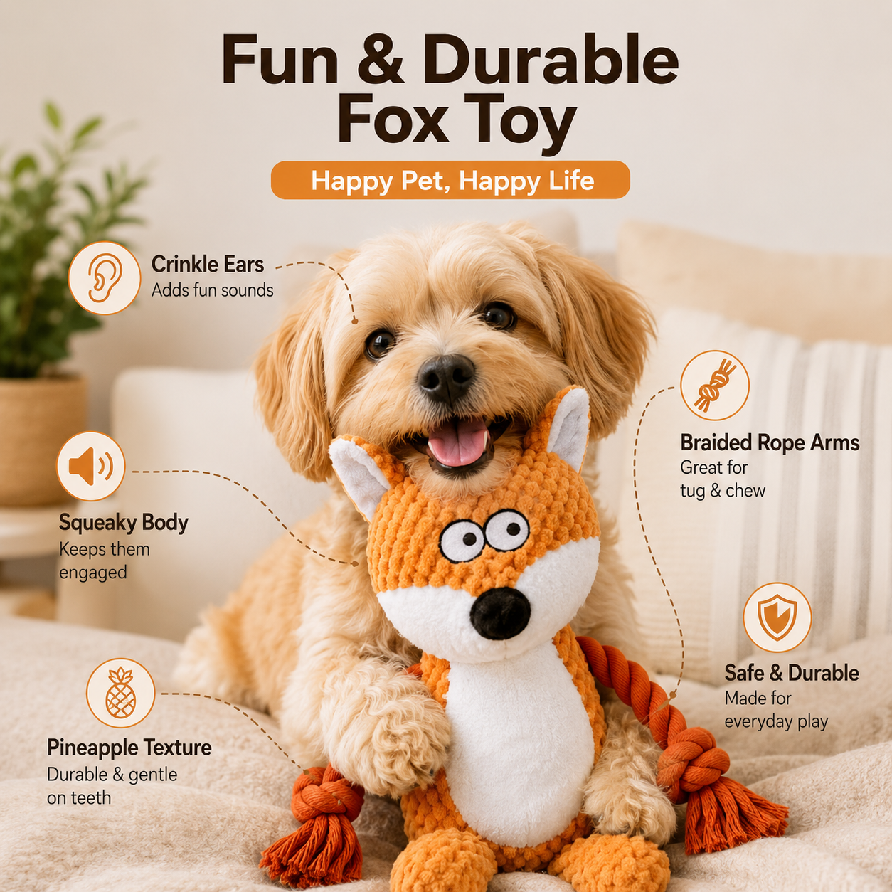 Orange Fox Dog Toy Plush Squeaker Interactive for Small and Medium Dogs