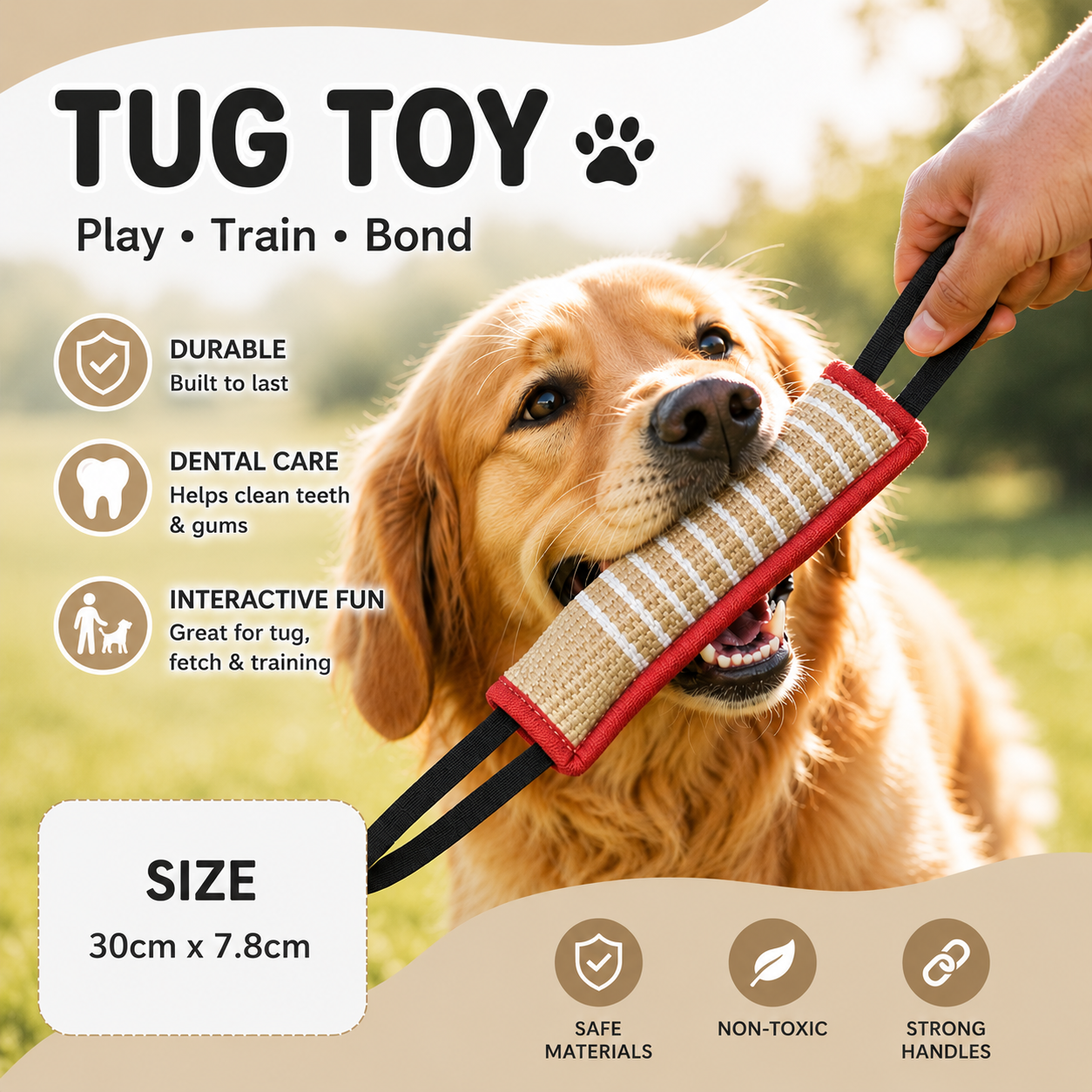 Natural Jute Dog Tug Toy with Two Handles for Interactive Play - Red
