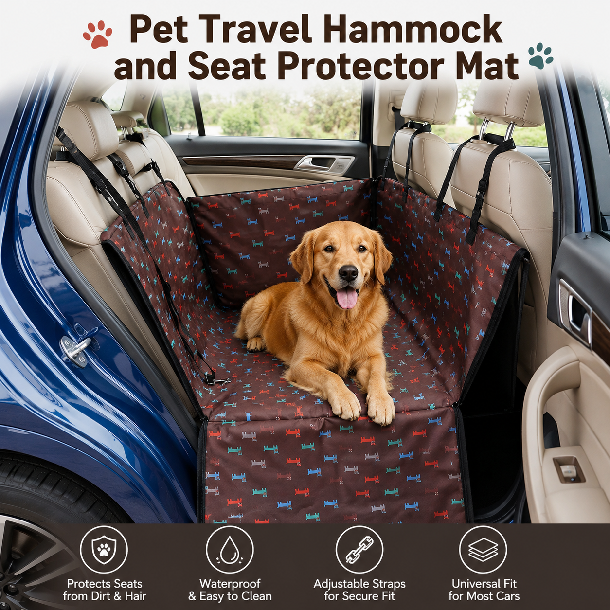 Foldable Pet Travel Hammock and Seat Protector Mat for Dogs and Cats - Brown