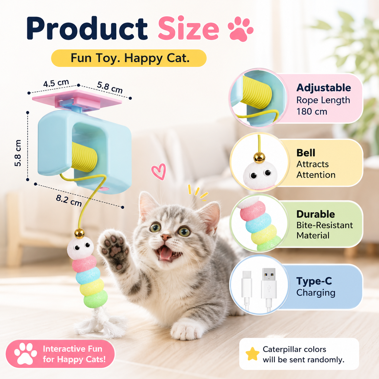 Rechargeable Electric Cat Toy Auto Moving Feather Teaser with 2 Ropes Blue