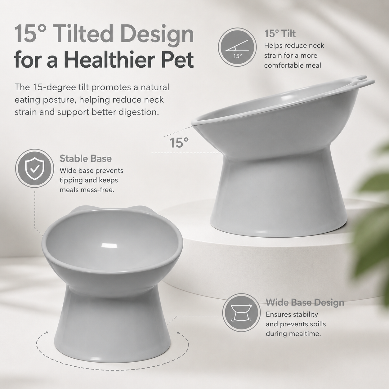 Raised Cat Feeding Bowl Tilted Pet Food and Water Dish Anti Tip Design - Grey