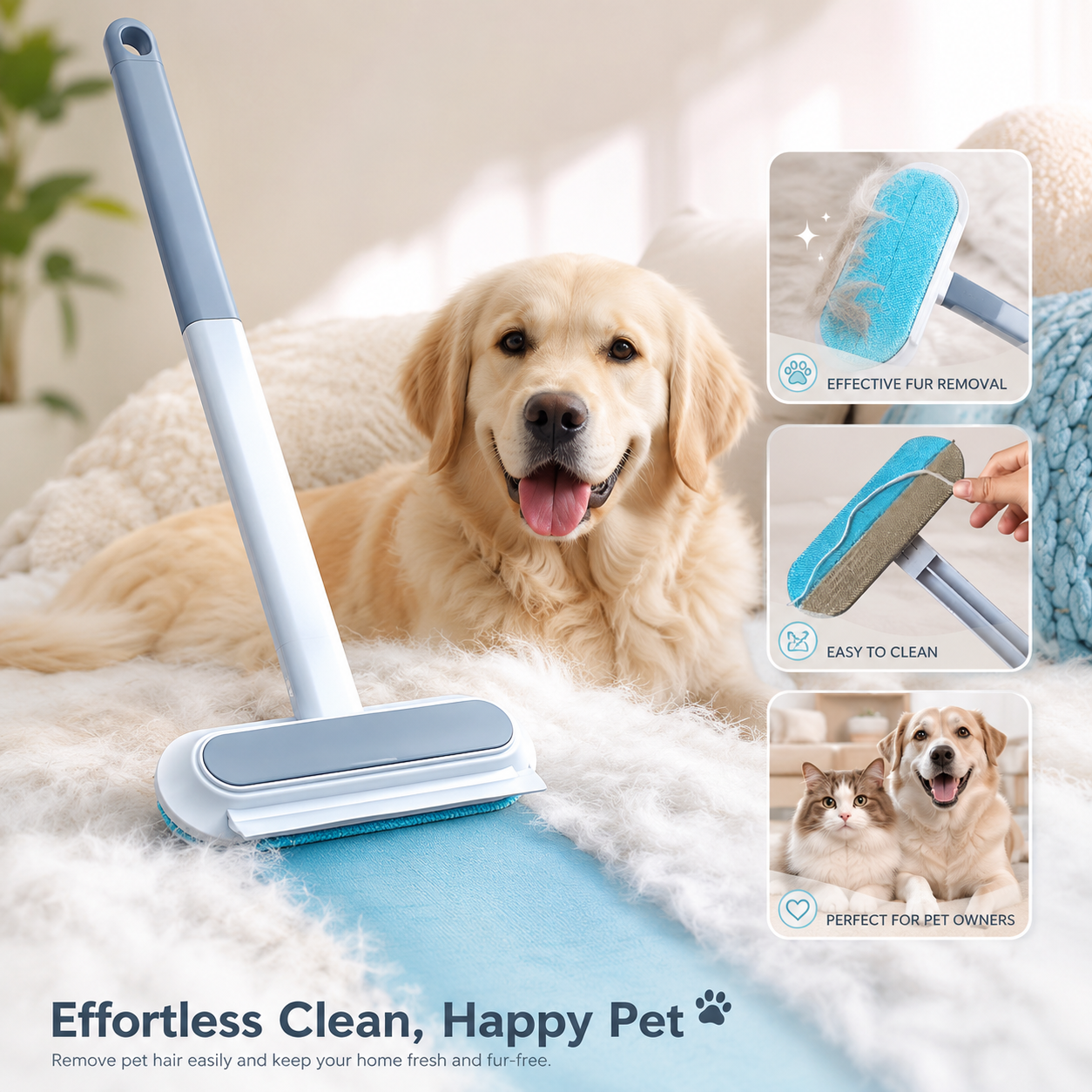 3 in 1 Pet Hair Remover Brush with Long Handle Reusable Fur Lint Cleaner for Sofa Carpet and Windows