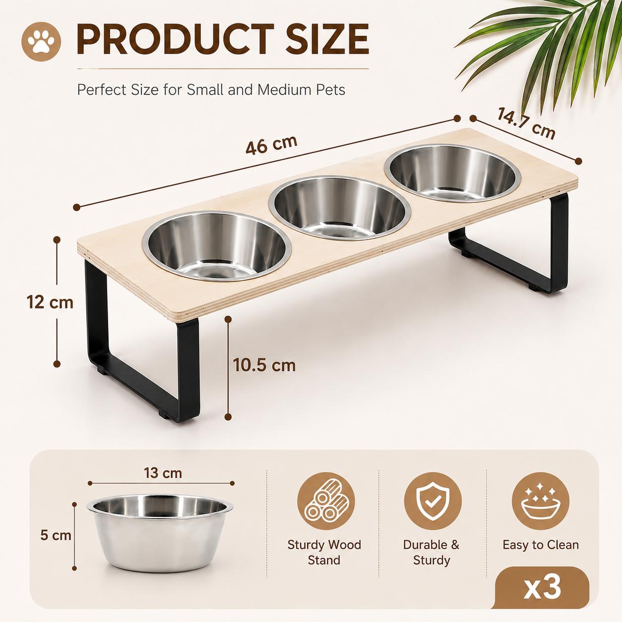 Raised Pet Feeding Stand with 3 Stainless Steel Bowls for Cats Puppies and Small Pets