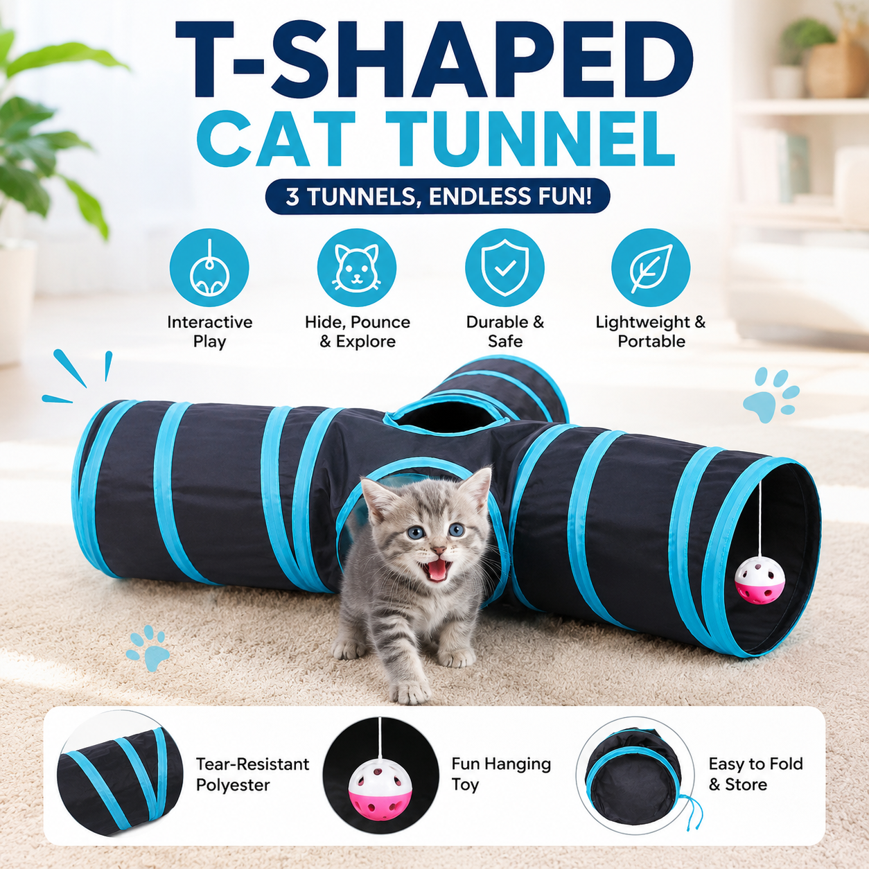 Pet Play Tunnel T Shape Foldable Cat Activity Tunnel for Cats Kittens and Small Pets