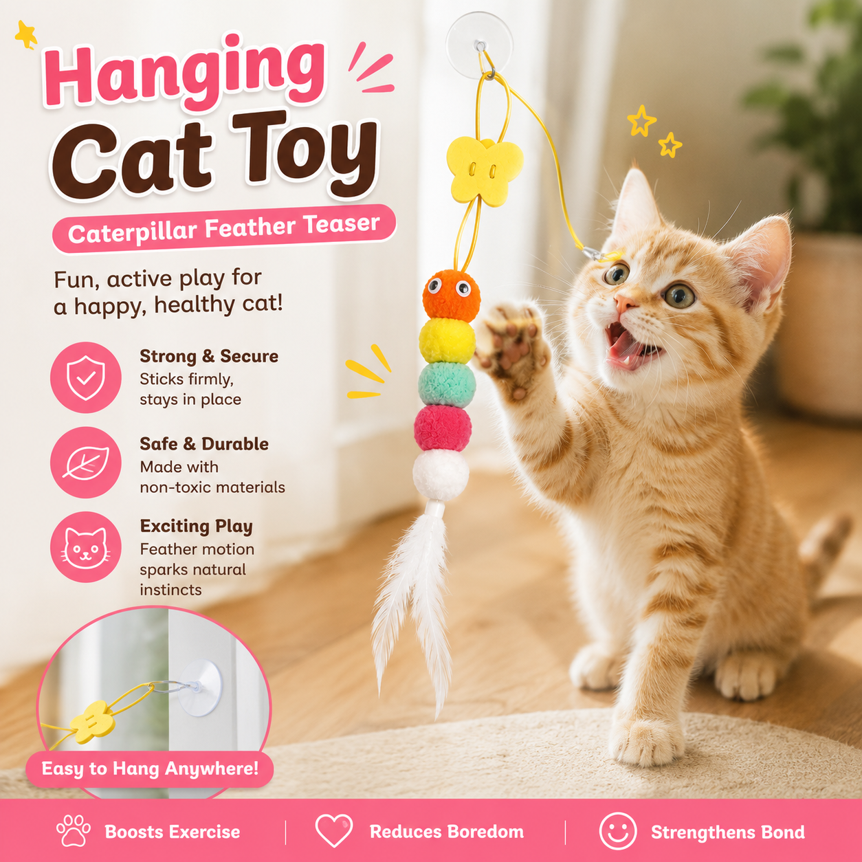 Hanging Cat Toy Caterpillar Feather Teaser with Bell and Suction Cup