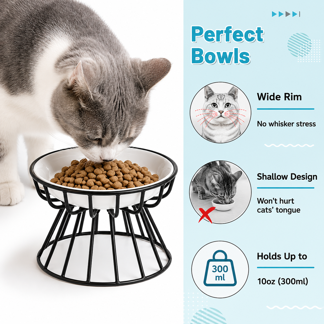 Elevated Ceramic Pet Food Bowl with Iron Stand Non-Slip Feeding Dish - Black & Fish Pattern