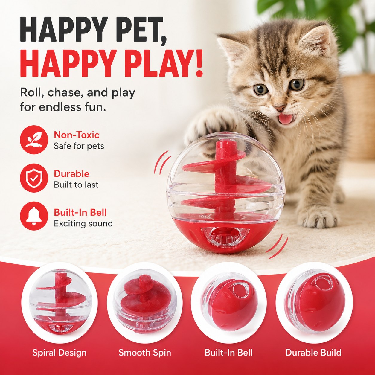 Cat Treat Dispensing Ball Interactive Food Puzzle Toy for Cats - Red