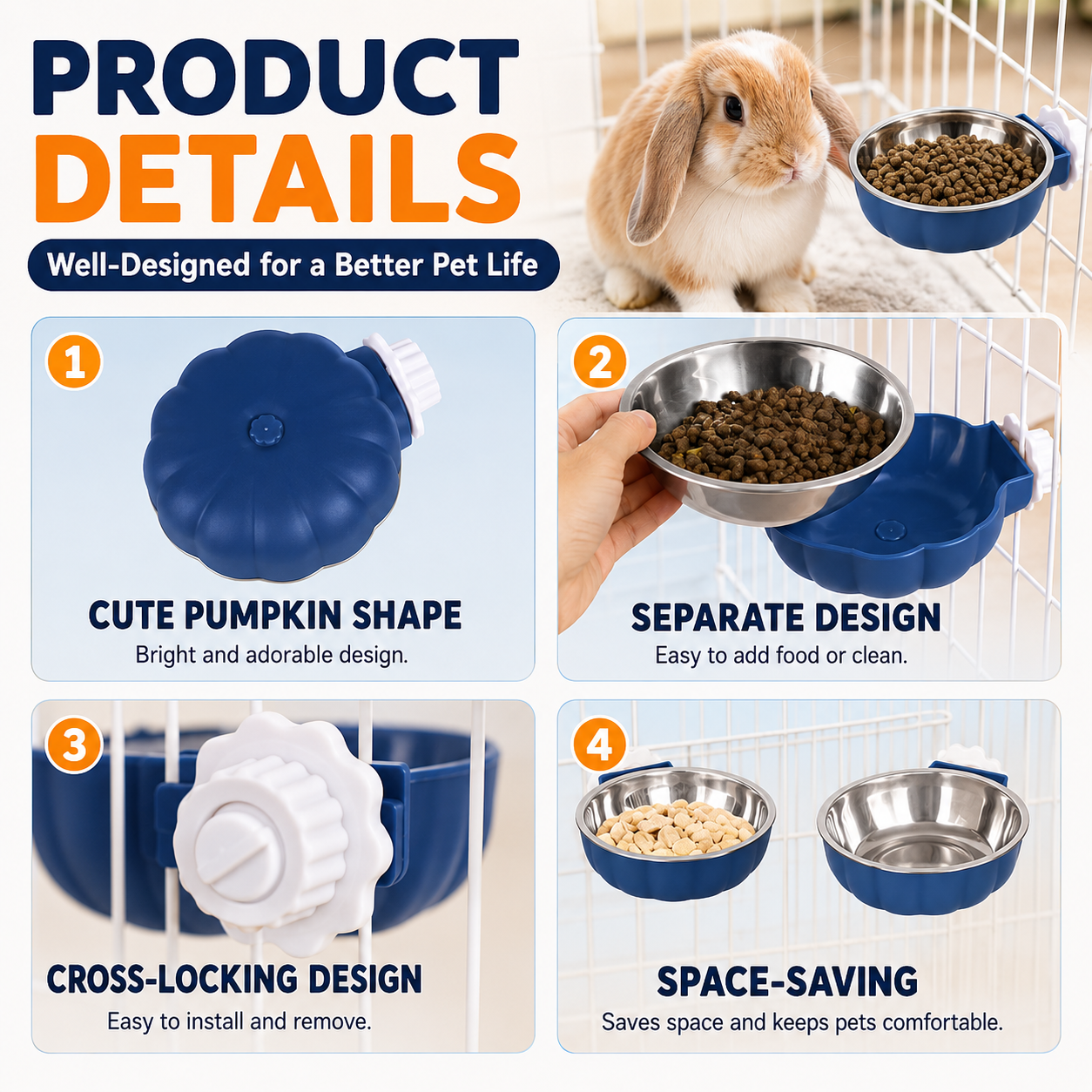 Pumpkin Shaped Hanging Pet Feeding Bowl Stainless Steel Food and Water Dish for Small Pets - Blue