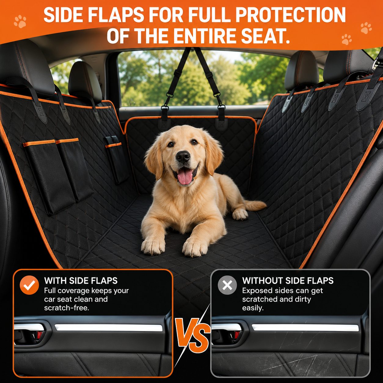 Heavy Duty Dog Car Seat Cover with Waterproof Hammock Style Back Seat Protector - Black