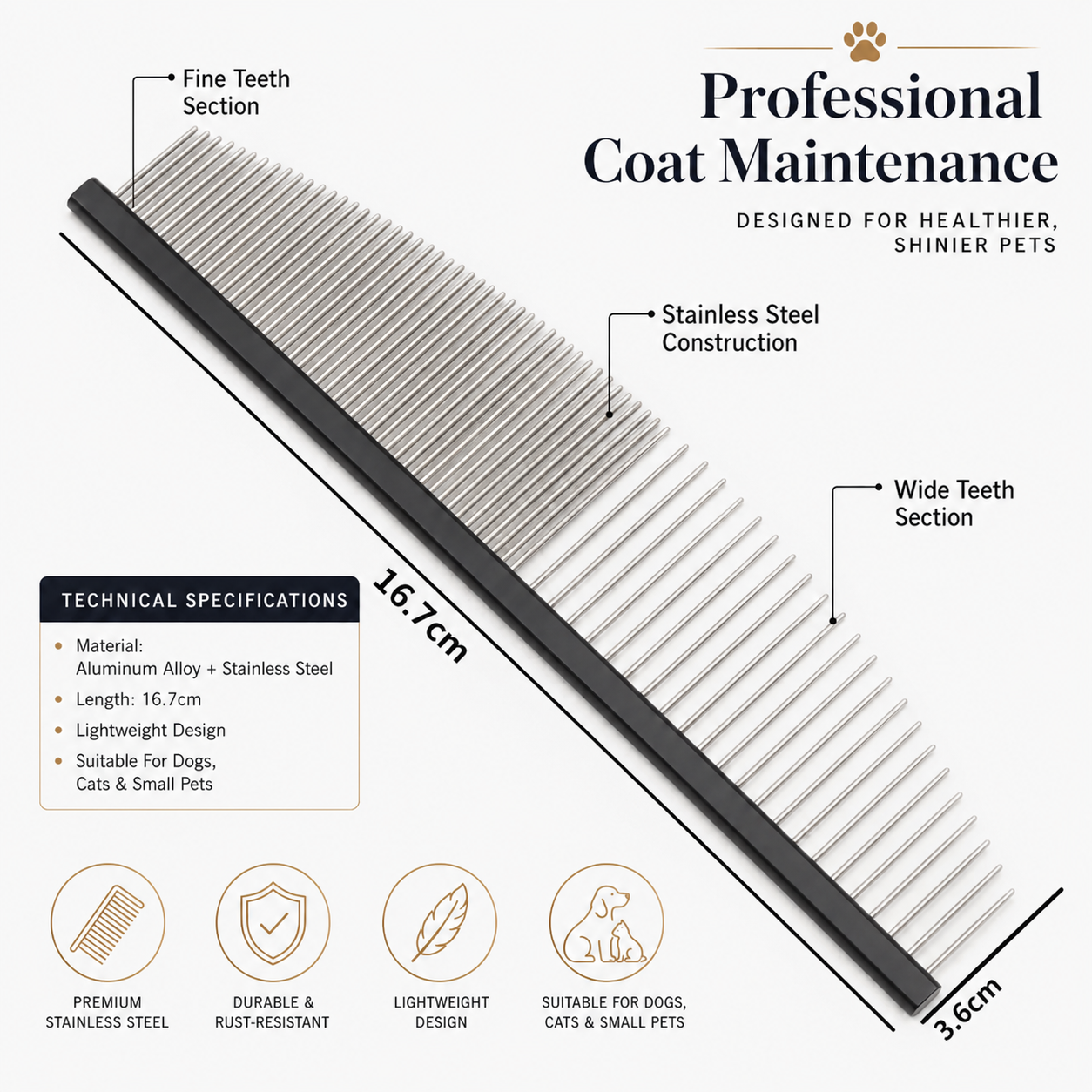 Pet Grooming Comb Stainless Steel Deshedding Tool for Dogs and Cats - Black