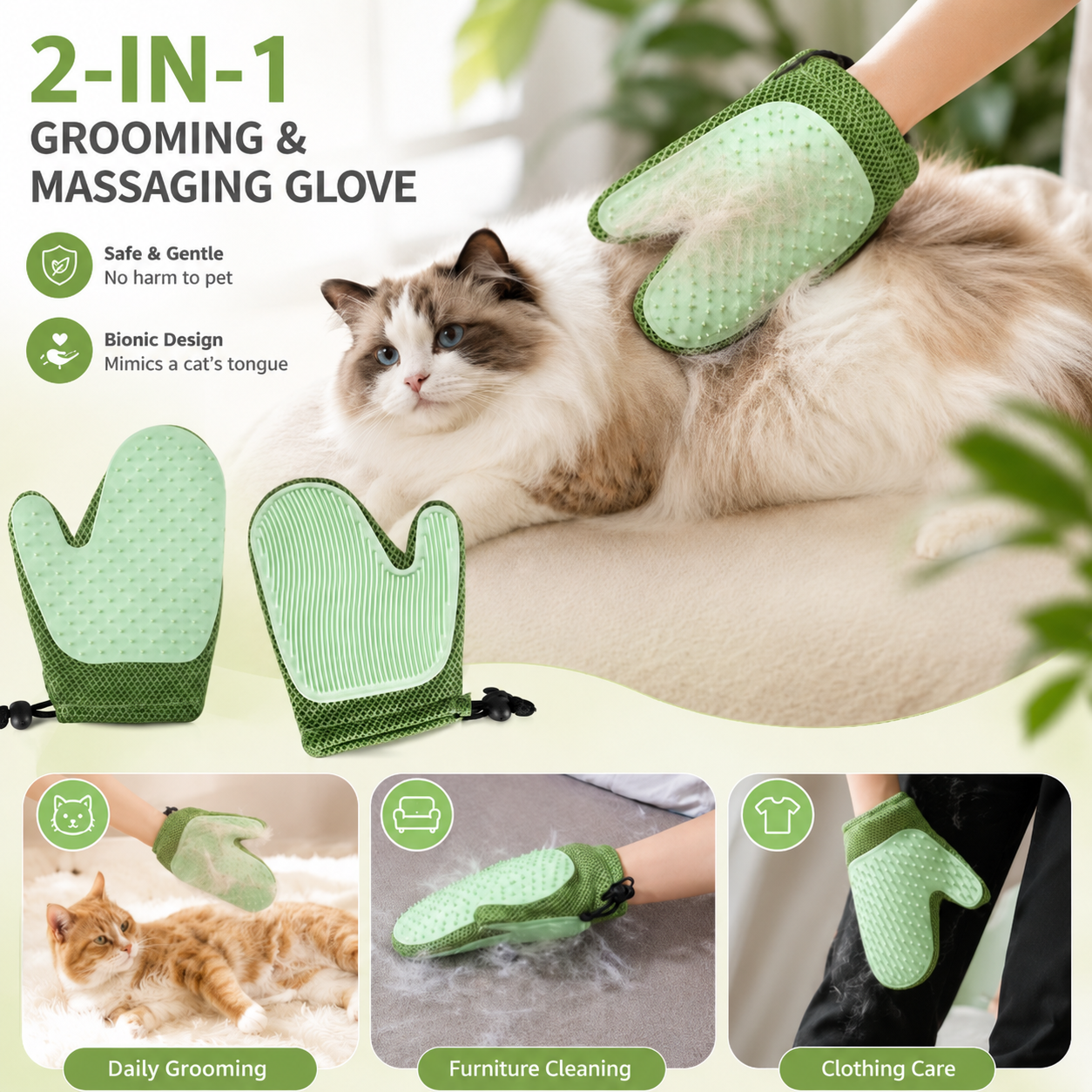 Double Sided Pet Grooming and Massage Glove - Green