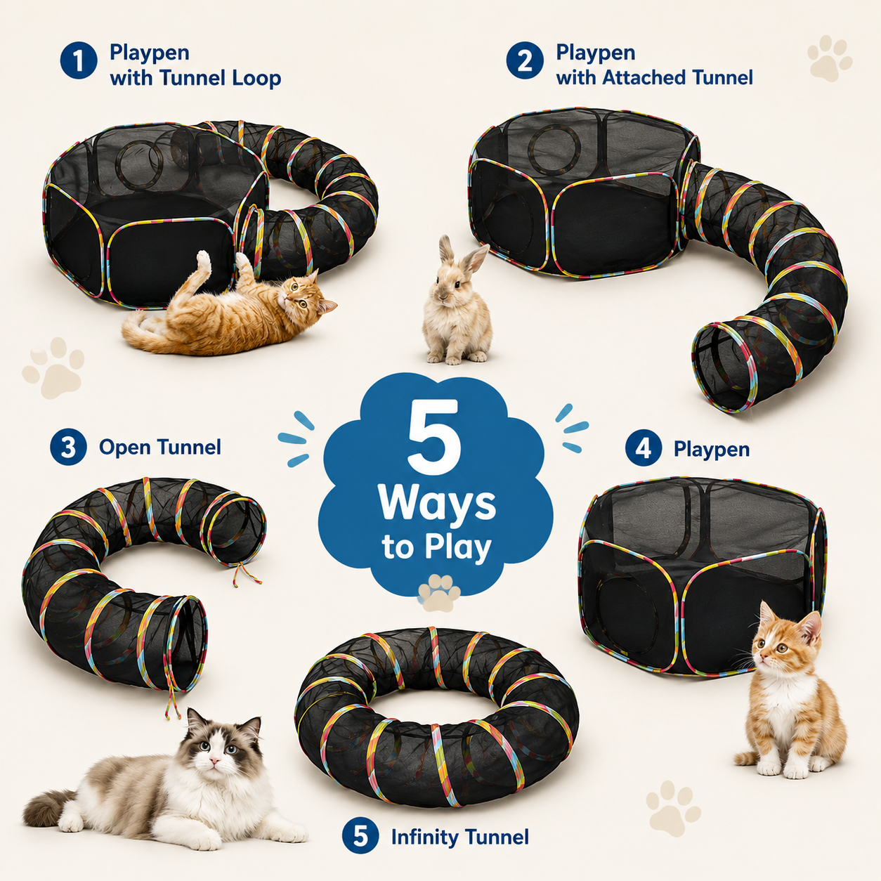 Foldable Cat Enclosure Play Tent with Mesh Tunnel for Outdoor and Indoor Use